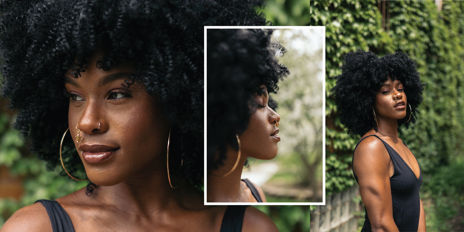 Black women with afro modeling nose ring collection for Maiya Dalton